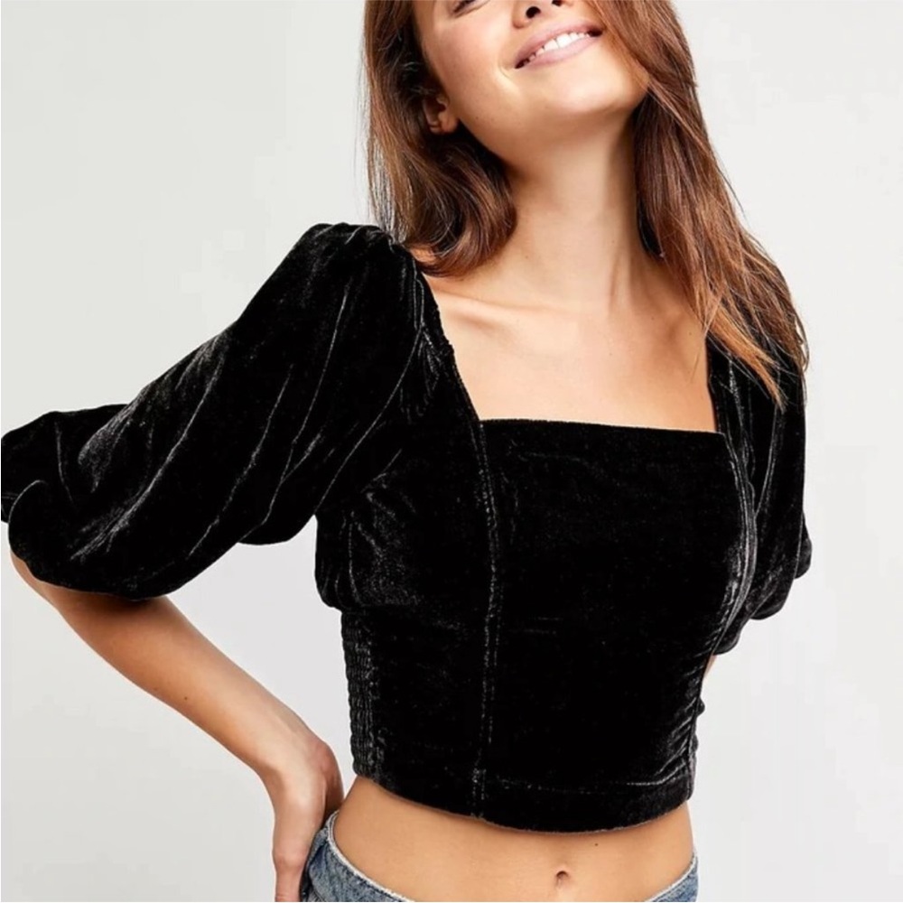 Free People Marie Black Velvet Open Back Puff Sleeve Top SAMPLE PIECE Size XS